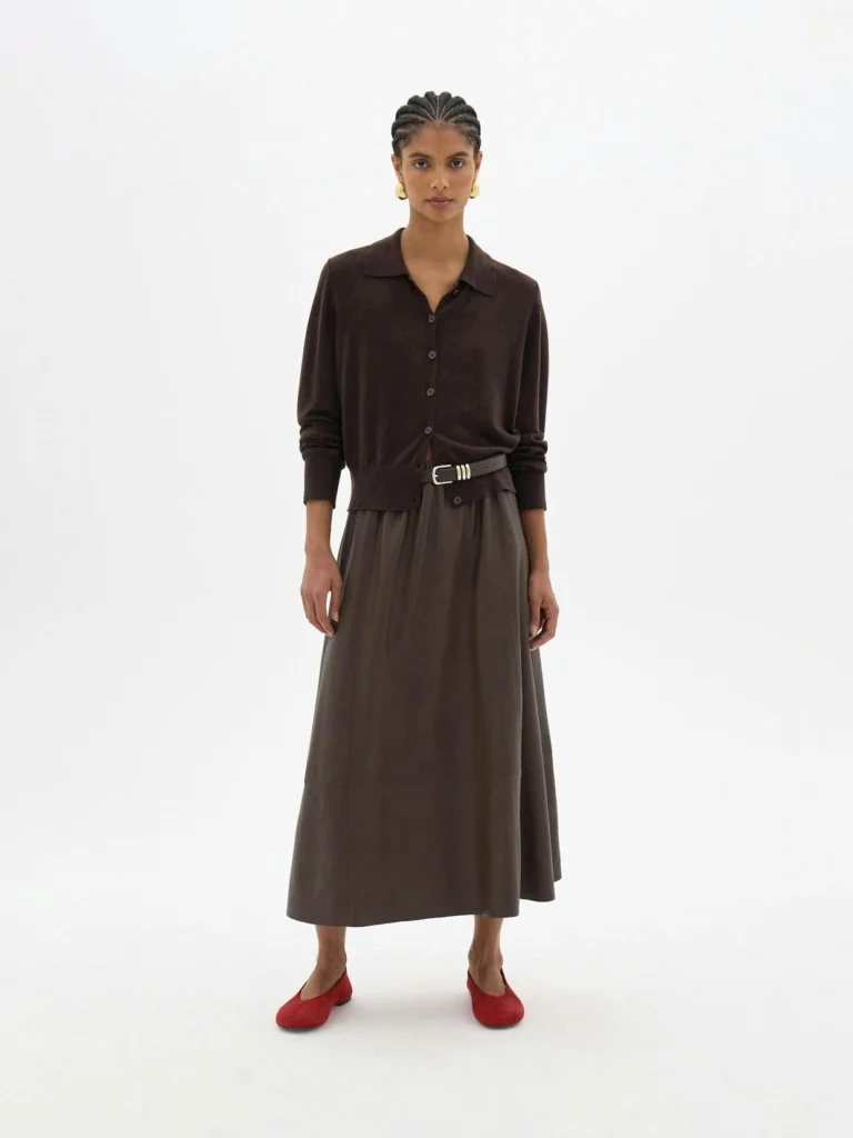 hush Agatha Leather Midi Skirt in Chocolate Brown