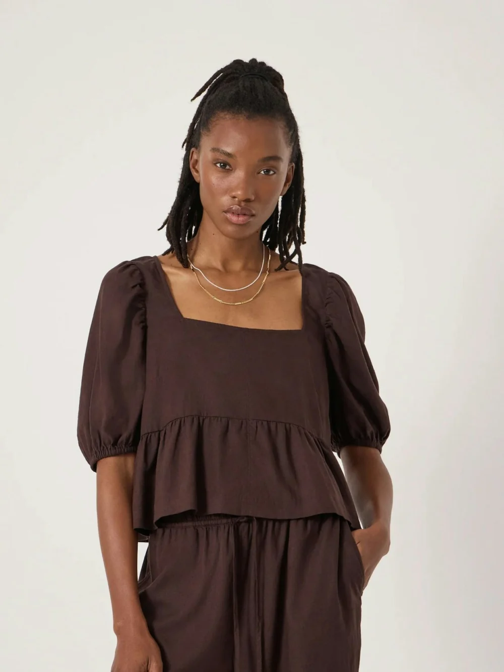 hush Alva Puff Sleeve Linen Beach Top in dark brown
