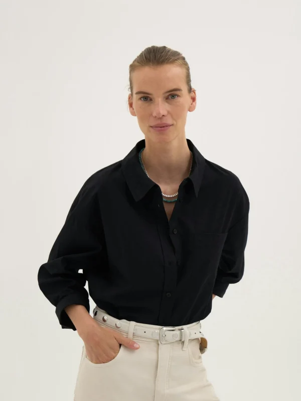 hush Aria Cotton Poplin Bracelet Length Shirt in Black