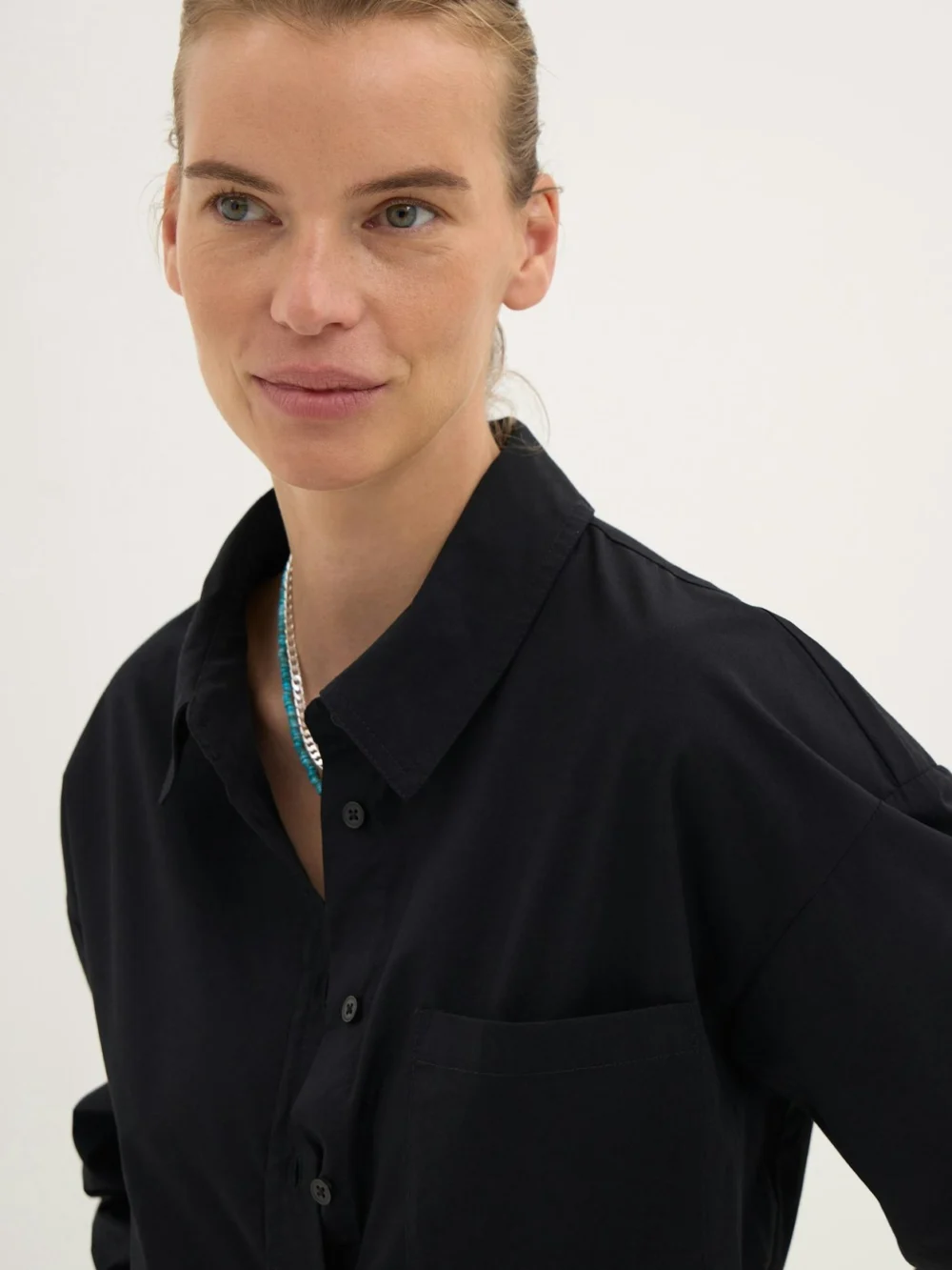 hush Aria Cotton Poplin Bracelet Length Shirt in Black, view 2