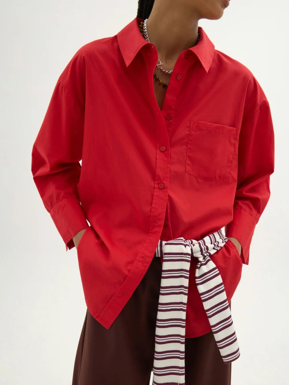 hush Aria Cotton Poplin Bracelet Length Shirt in Red, view 2