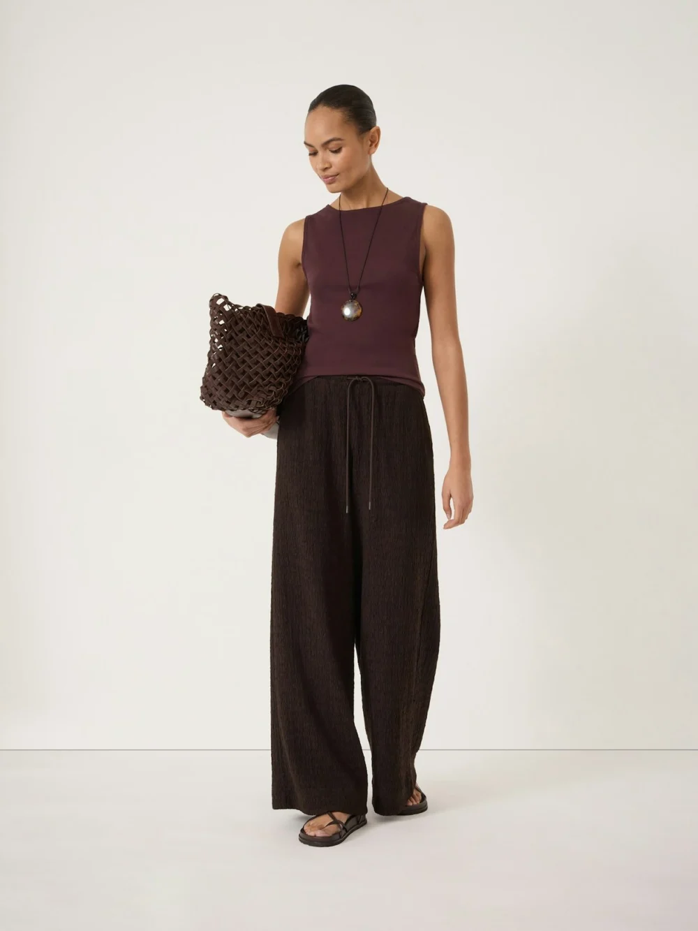 hush Aria Textured Jersey Wide Leg Trousers in Dark Brown