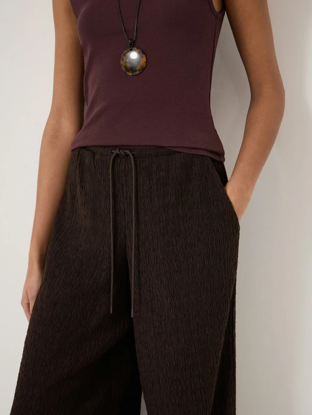 hush Aria Textured Jersey Wide Leg Trousers in Dark Brown, view 2