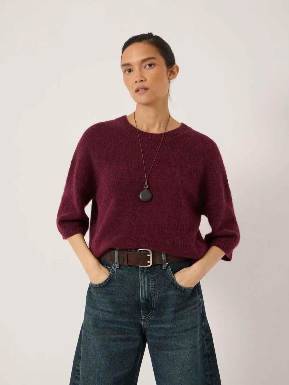 hush Arlette Pointelle Stitch Knitted Tee in Wine Red