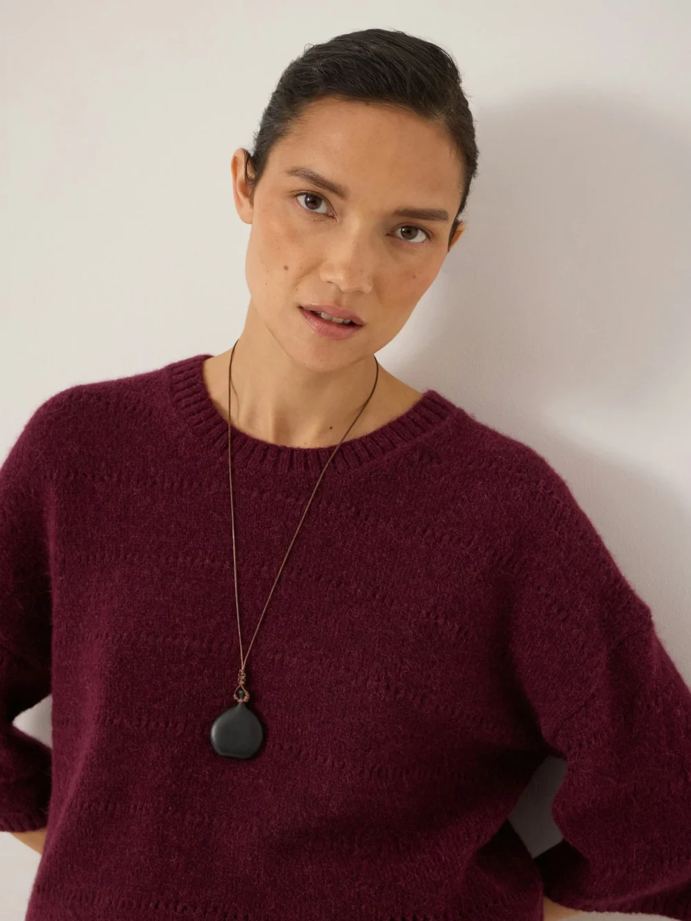 hush Arlette Pointelle Stitch Knitted Tee in Wine Red, view 2