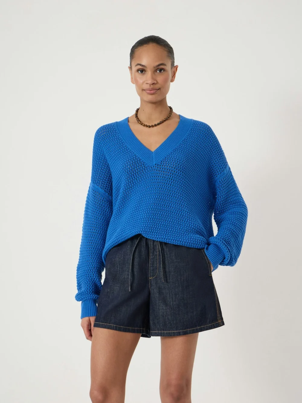 hush Aurora Open Stitch Cotton V Neck Jumper in daphne