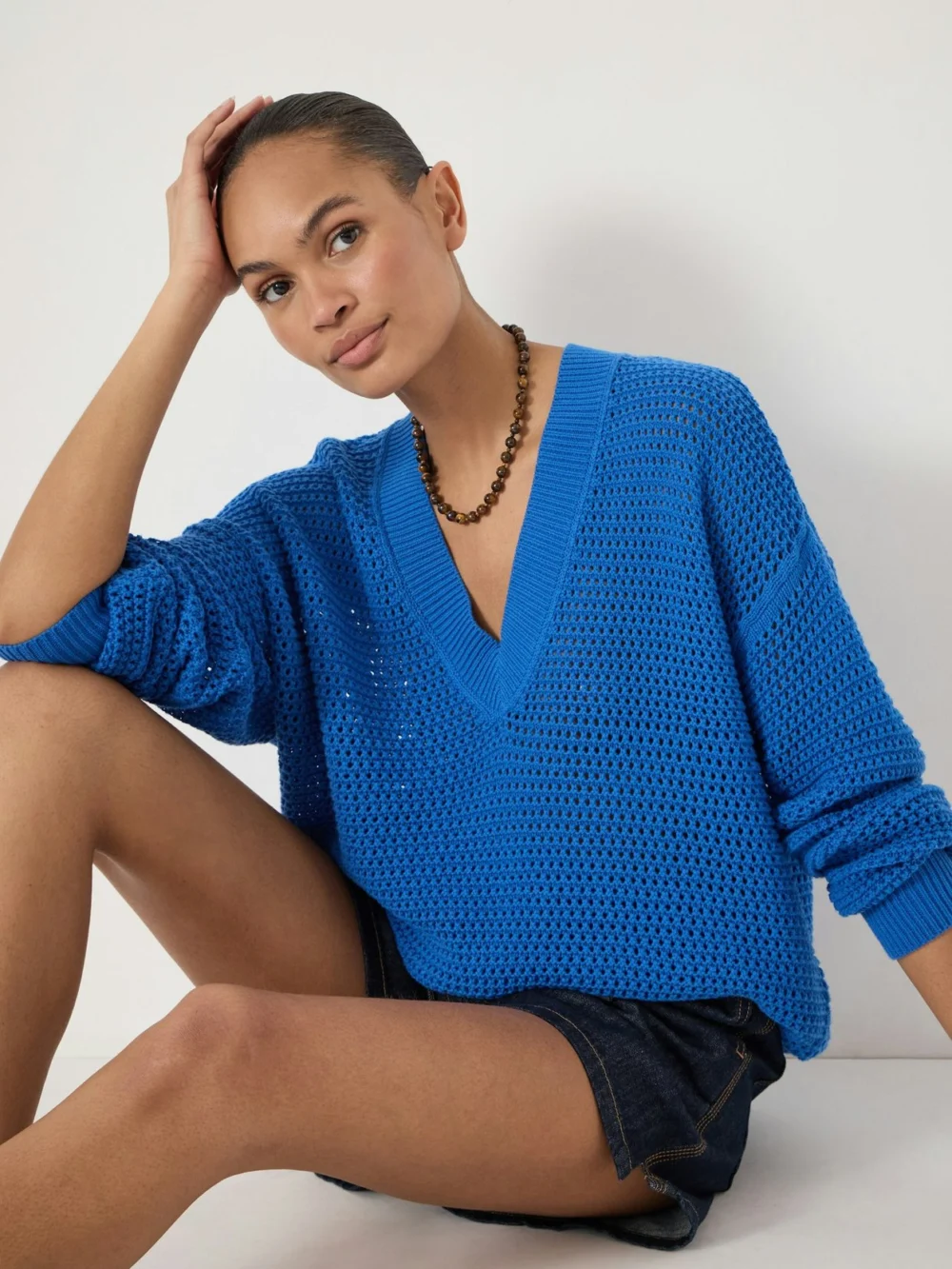 hush Aurora Open Stitch Cotton V Neck Jumper, view 2