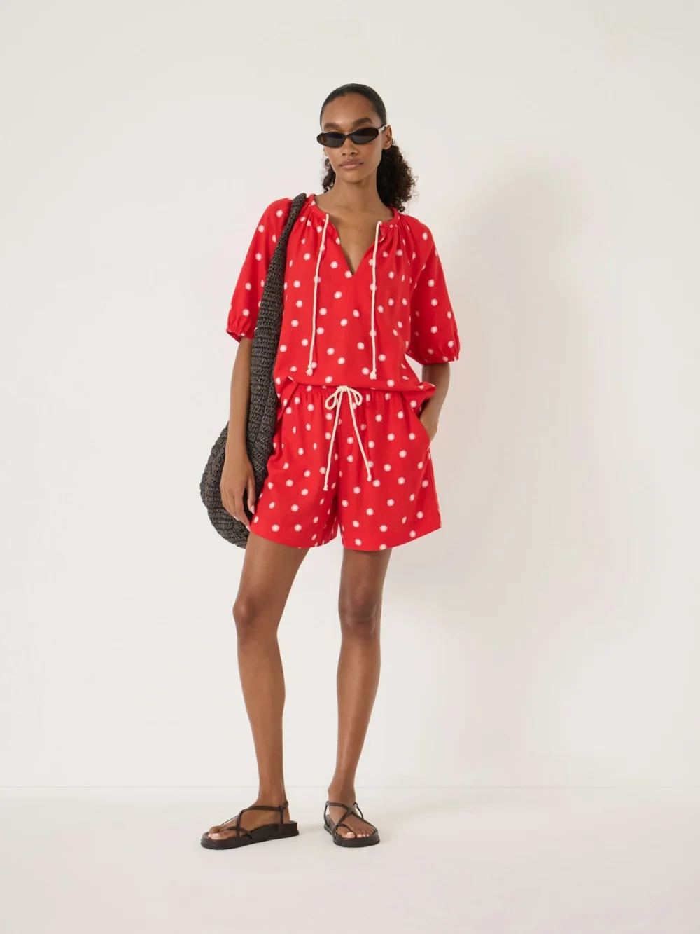 hush Aveena Linen Blend Drawstring Star Short in sun polka dot red
