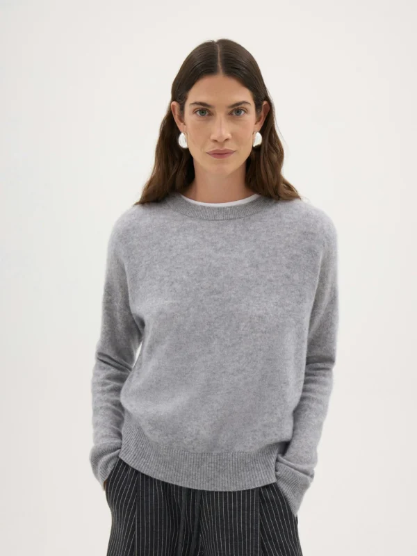 hush Avery Cashmere Crew Neck Jumper in Light Grey Marl