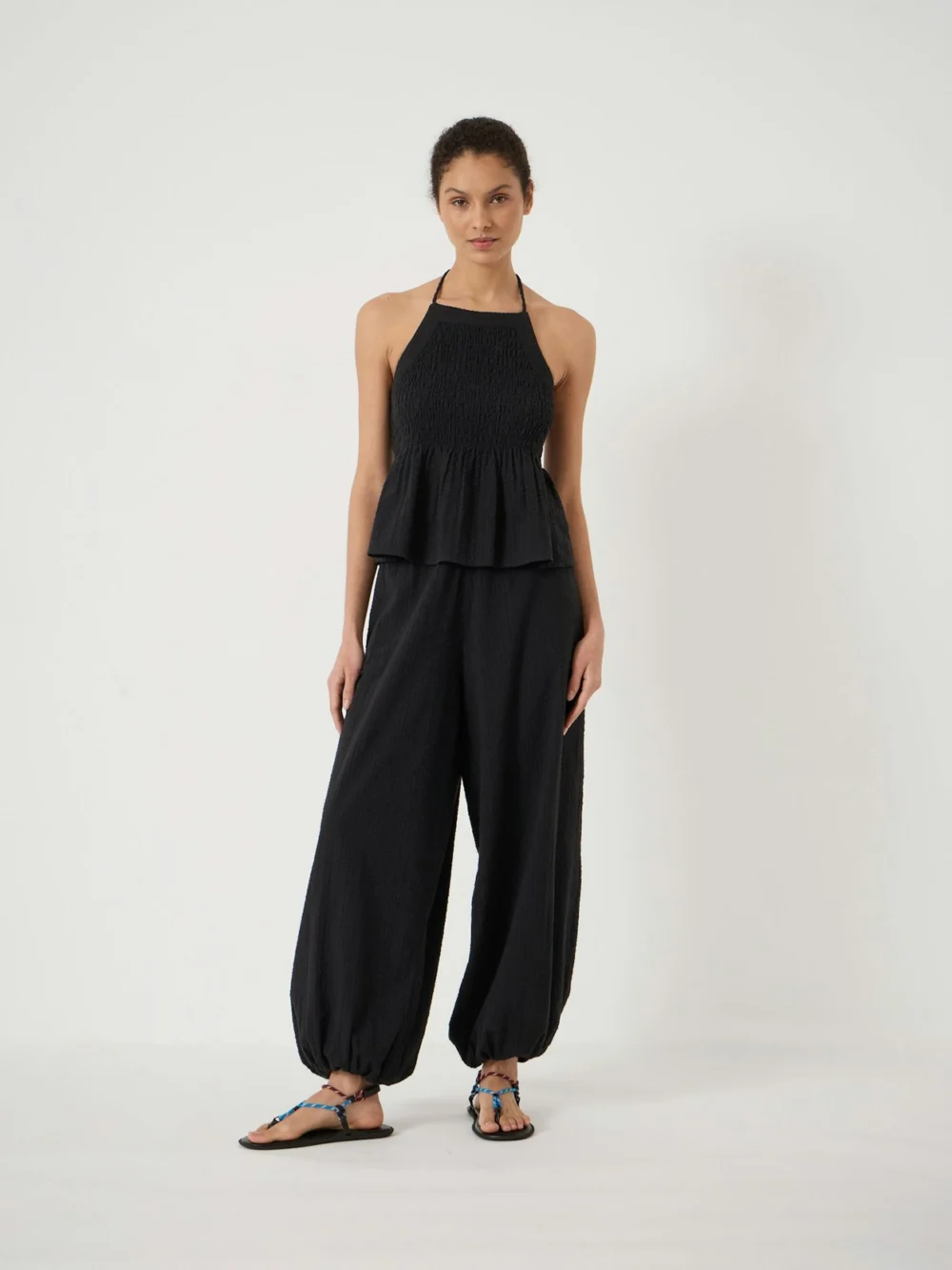 hush Balloon Seersucker Beach Trousers in Black