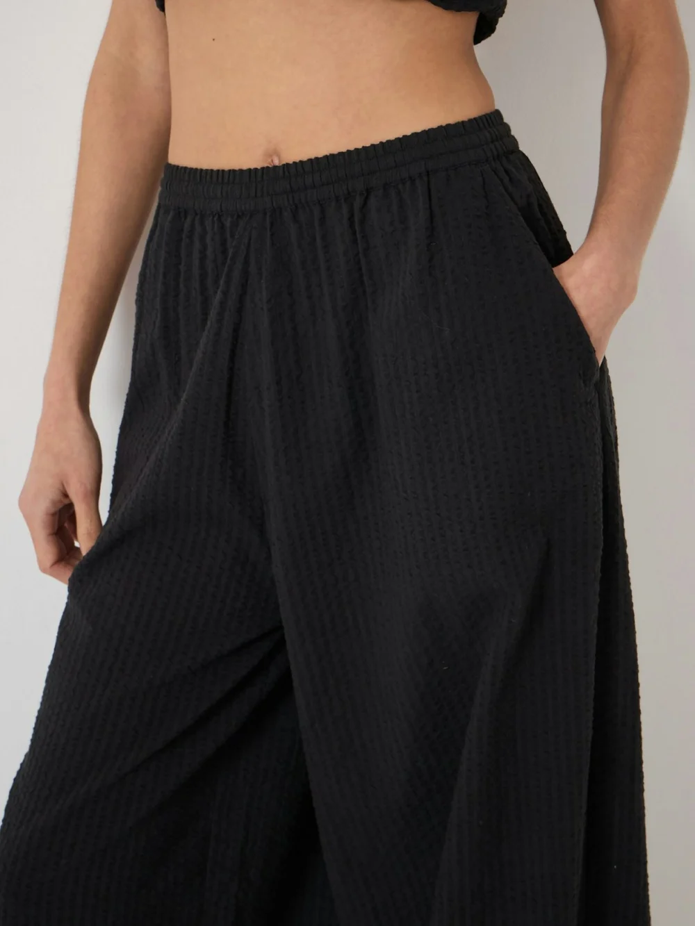 hush Balloon Seersucker Beach Trousers in Black, view 2