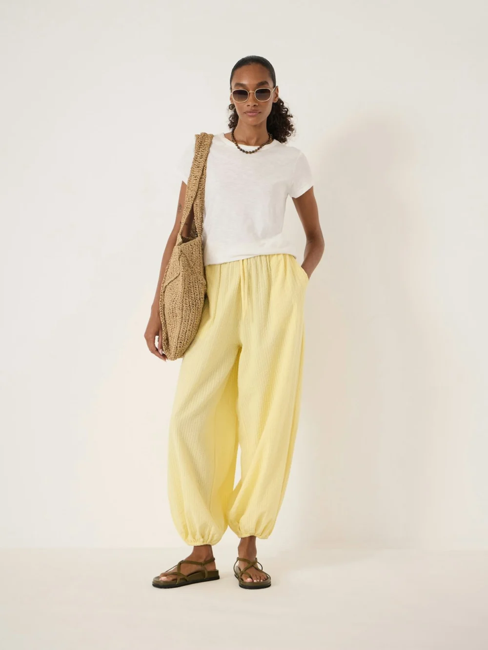 hush Balloon Seersucker Beach Trousers in Pale Yellow