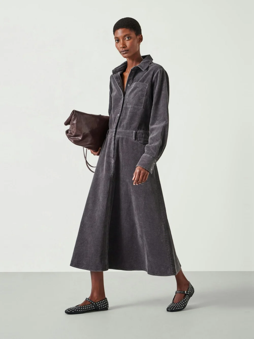 hush Bella Corduroy Long Sleeve Maxi Dress in charcoal grey