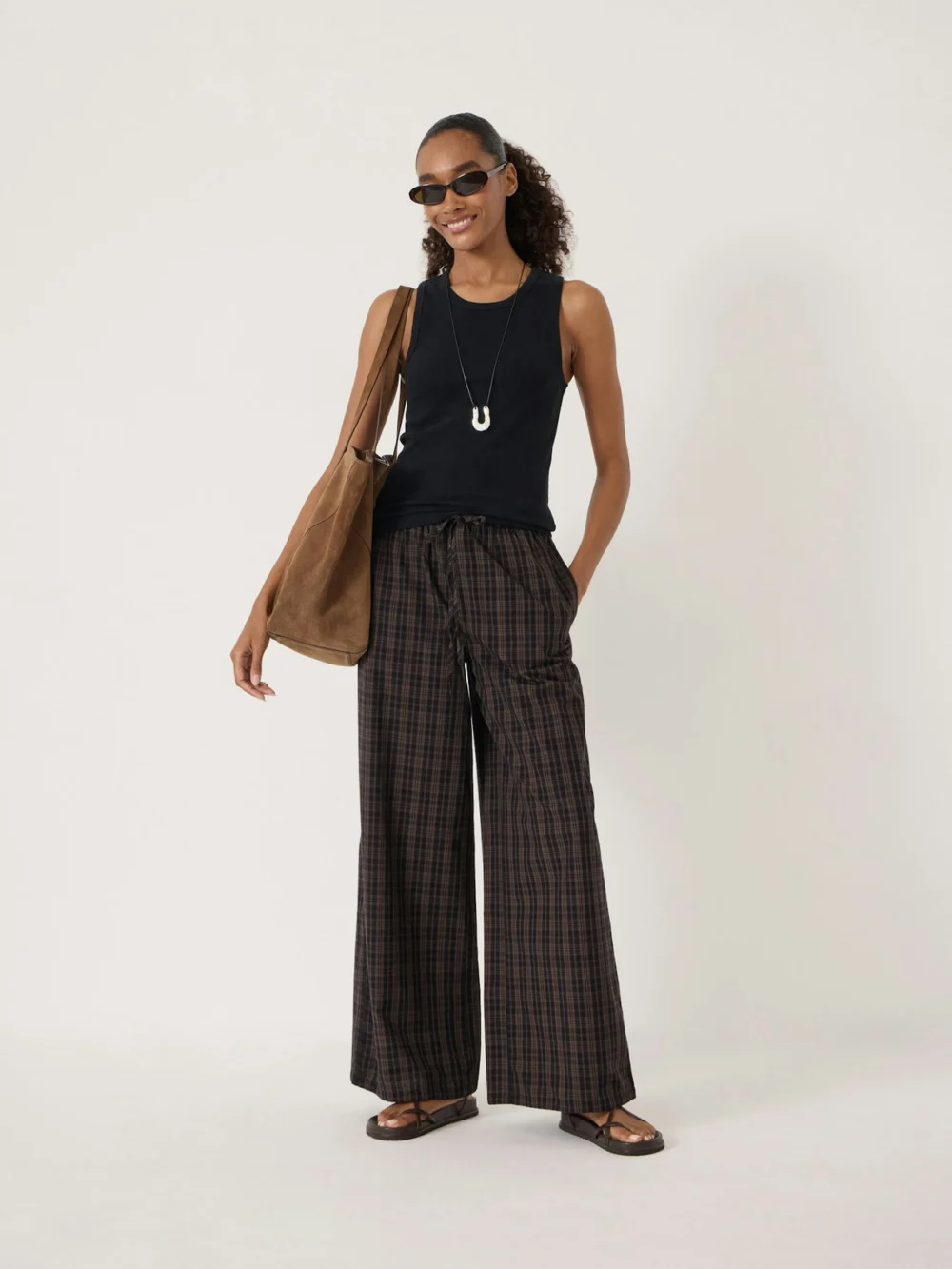 hush Bernie Check Wide Leg Cotton Blend Trouser in dark brown