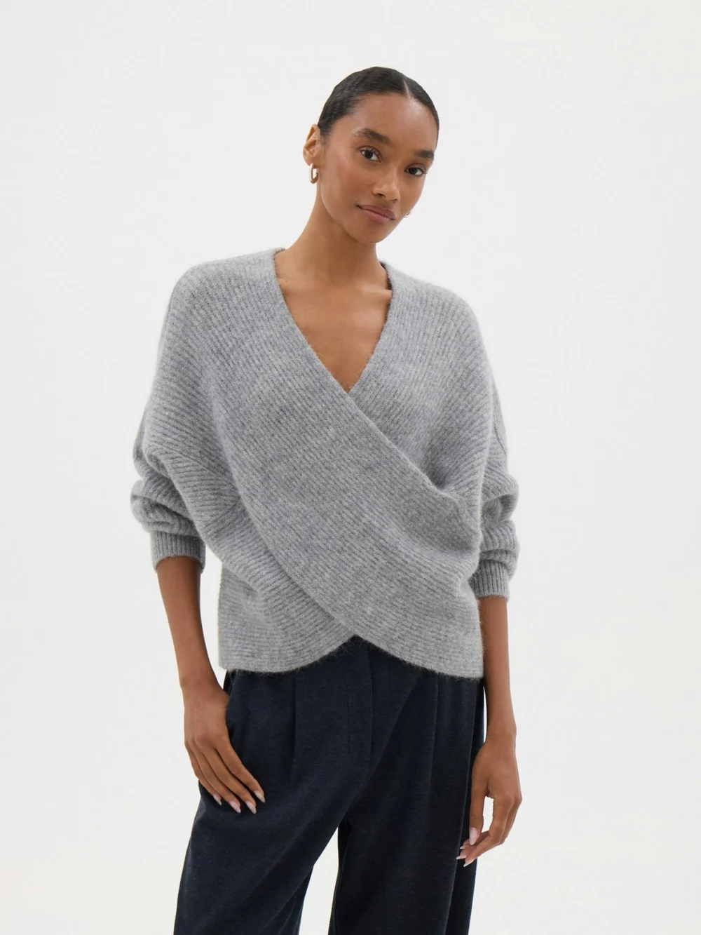hush Betty Fluffy Cross Front Jumper in Light Grey Marl