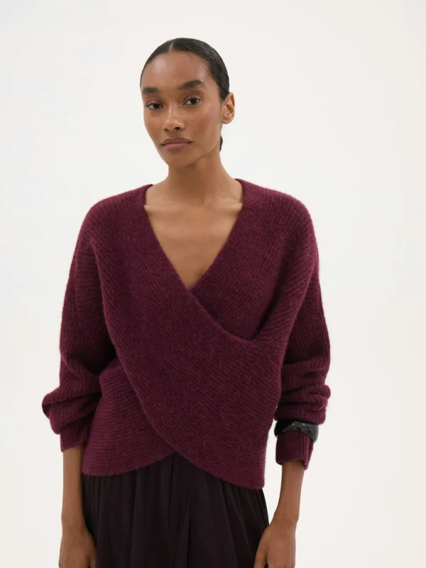 hush Betty Fluffy Cross Front Jumper in Wine Red