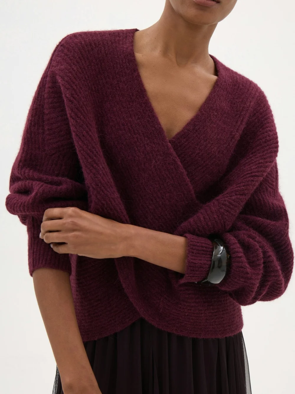 hush Betty Fluffy Cross Front Jumper in Wine Red, view 2