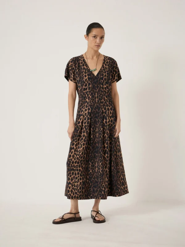 hush Bronte Pleated Midi Dress in Natural Leopard Brown