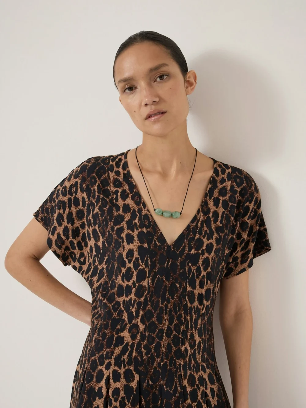 hush Bronte Pleated Midi Dress in Natural Leopard Brown, view 2