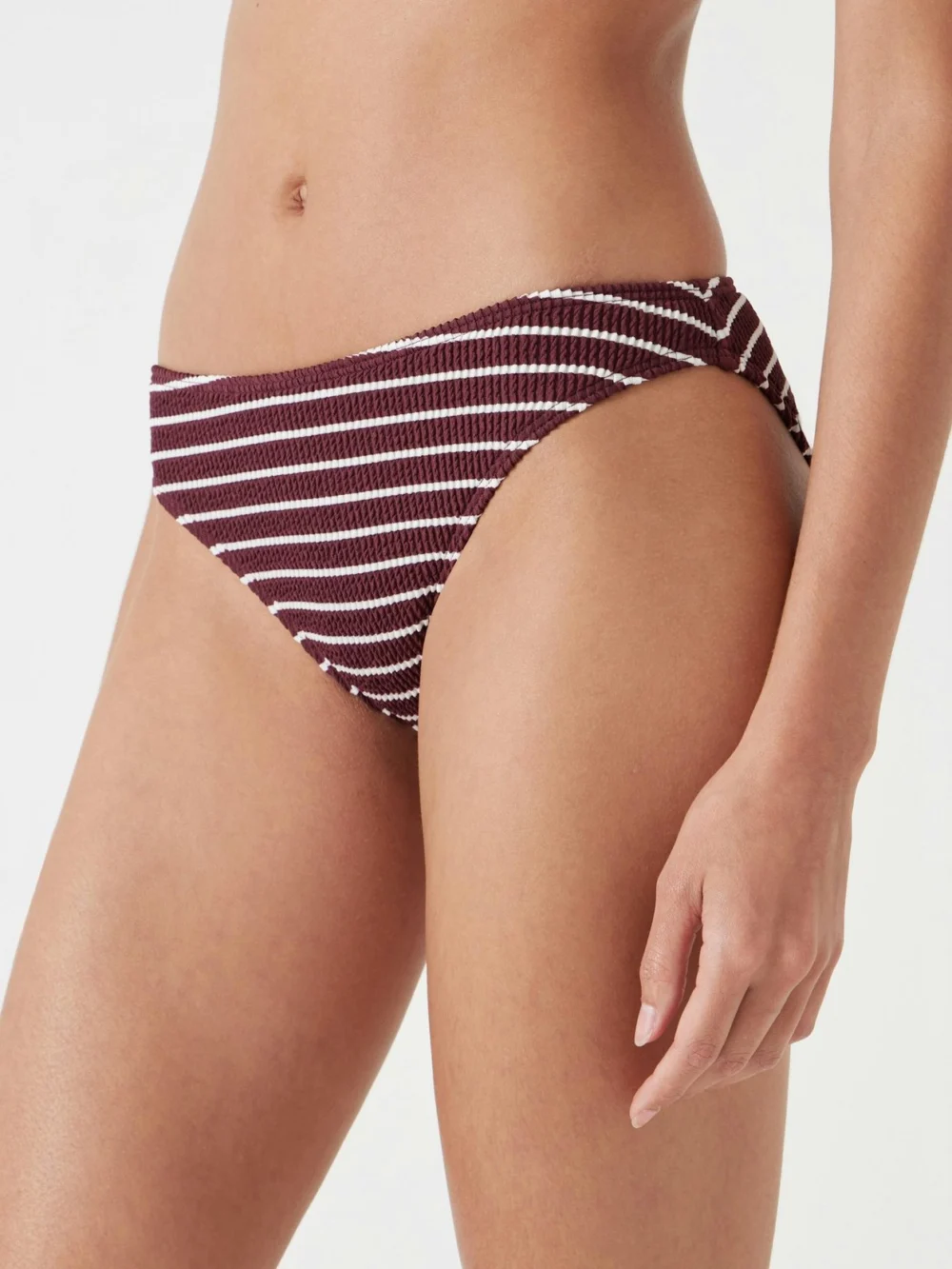 hush Cally Classic Stripe Crinkle Bikini Bottoms in oxblood white stripe