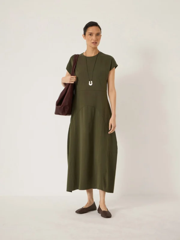 hush Cap Sleeve Barrel Jersey Midi Dress in Khaki