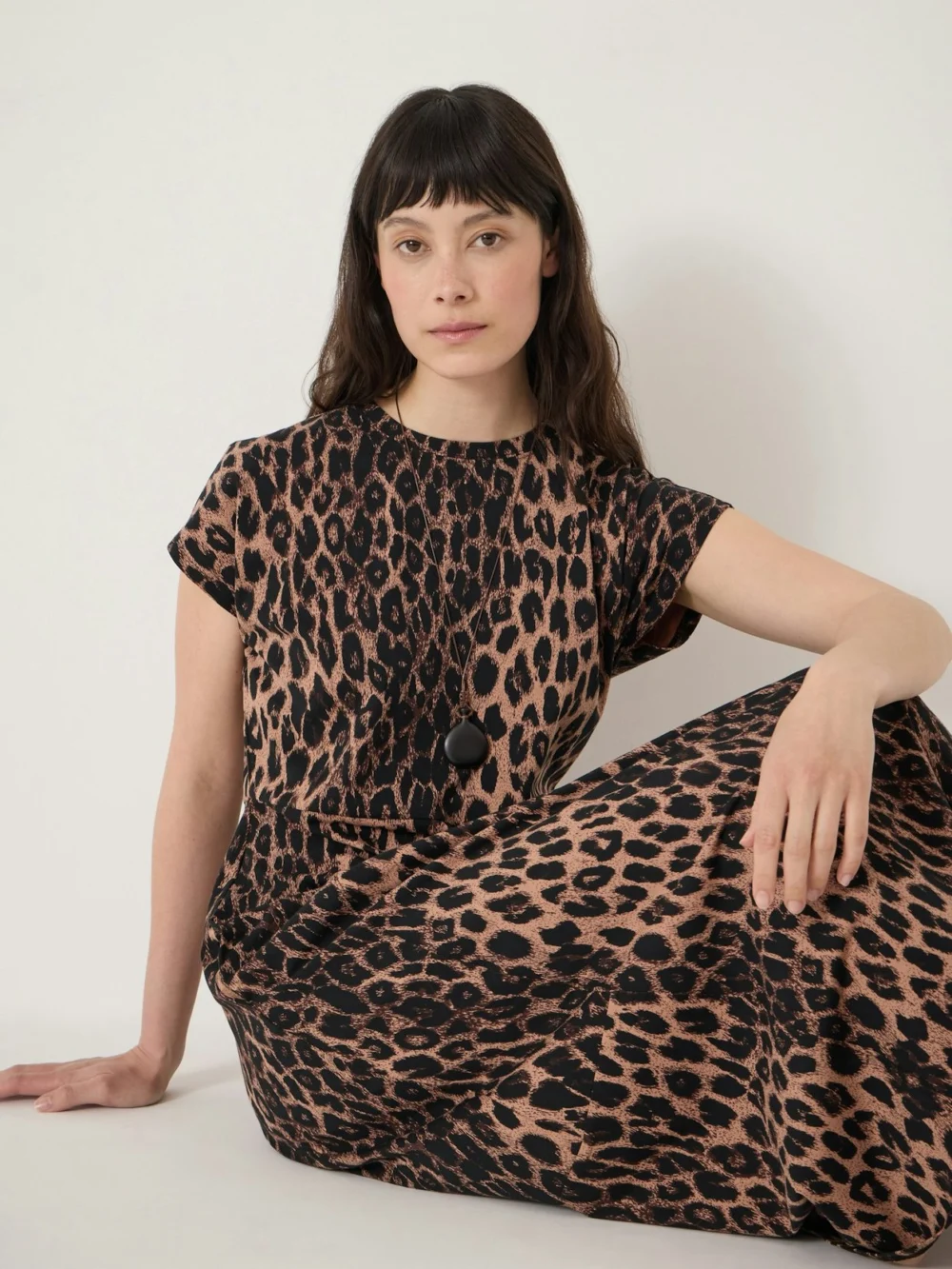 hush Cap Sleeve Barrel Jersey Midi Dress in Natural Leopard Brown, view 2