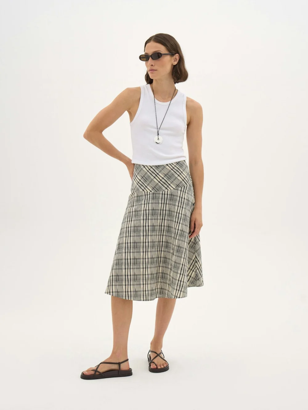hush Ciel Check Midi Skirt in black and white check neutral