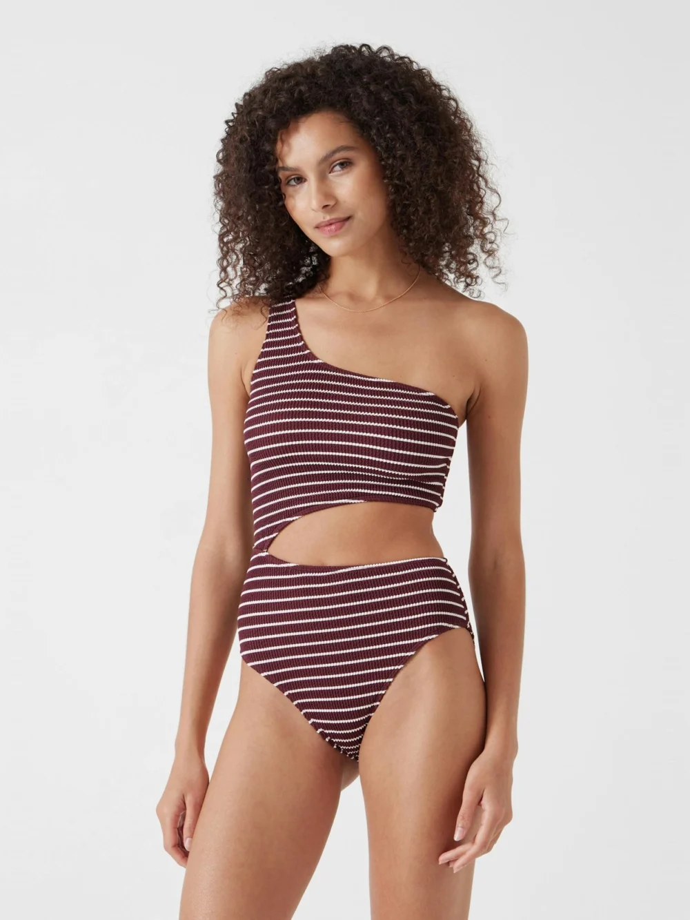 hush Clare Crinkle Stripe Cut Out Swimsuit in oxblood white stripe
