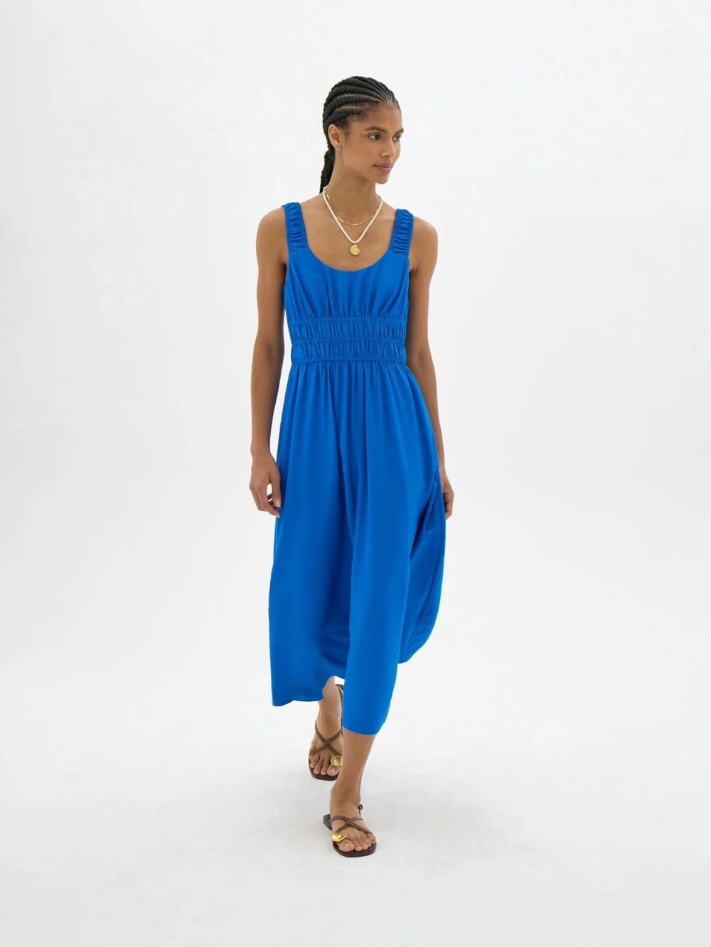 hush Clarissa Gathered Straps Midi Dress in Sky Blue