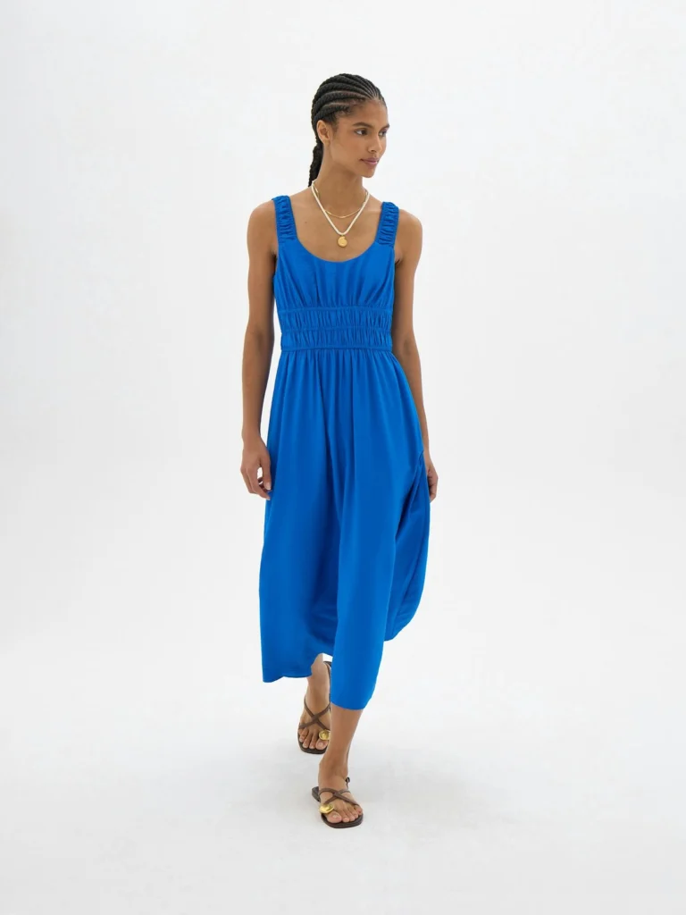 hush Clarissa Gathered Straps Midi Dress in Sky Blue