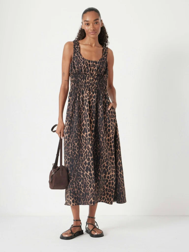hush Clarissa Gathered Straps Midi Dress in Soft Leopard