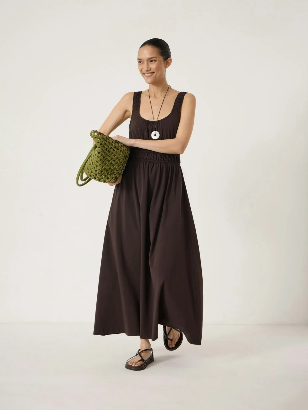 hush Clarissa Jersey Gathered Straps Midi Dress in dark brown