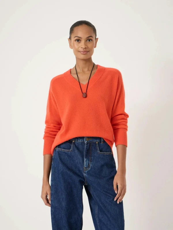 hush Colette Cashmere V-Neck Saddle Sleeve Jumper in Orange Red