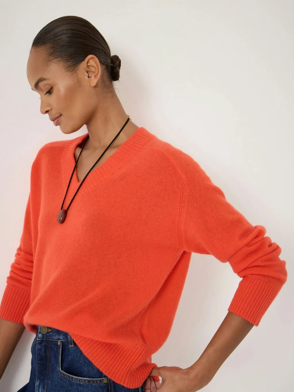 hush Colette Cashmere V-Neck Saddle Sleeve Jumper in Orange Red, view 2