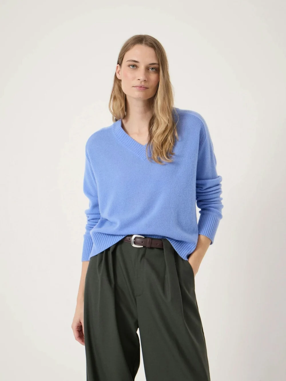 hush Colette Cashmere V-Neck Saddle Sleeve Jumper in Pale Blue