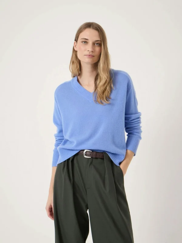 hush Colette Cashmere V-Neck Saddle Sleeve Jumper in Pale Blue