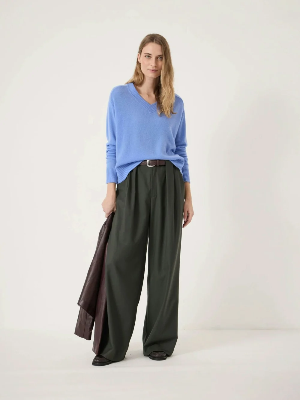 hush Colette Cashmere V-Neck Saddle Sleeve Jumper in Pale Blue, view 2
