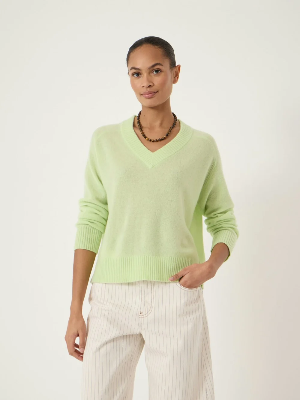 hush Colette Cashmere V-Neck Saddle Sleeve Jumper in Pale Green