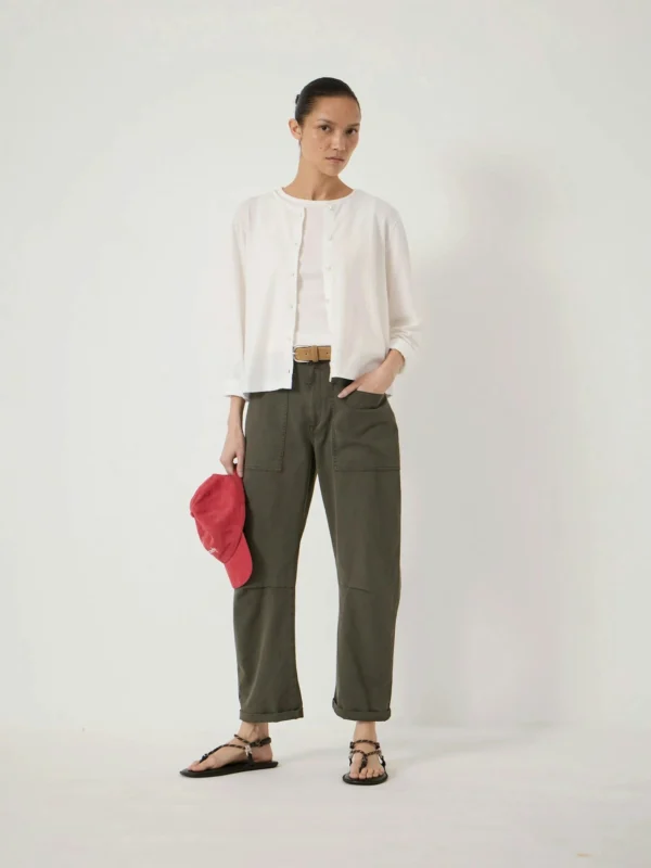 hush Cordi Barrel Leg Cotton Trousers in Dark Khaki Green