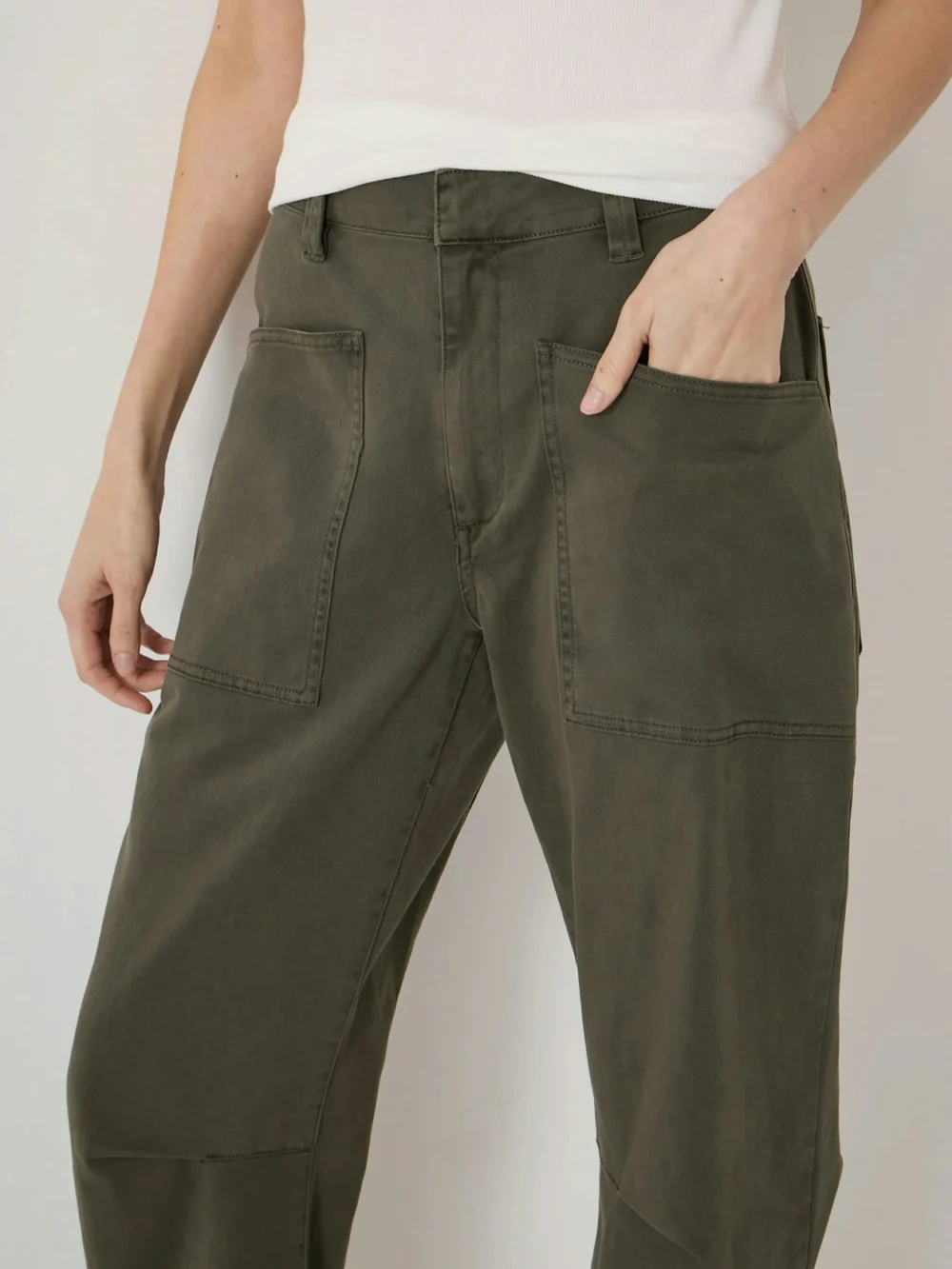 hush Cordi Barrel Leg Cotton Trousers in Dark Khaki Green, view 2