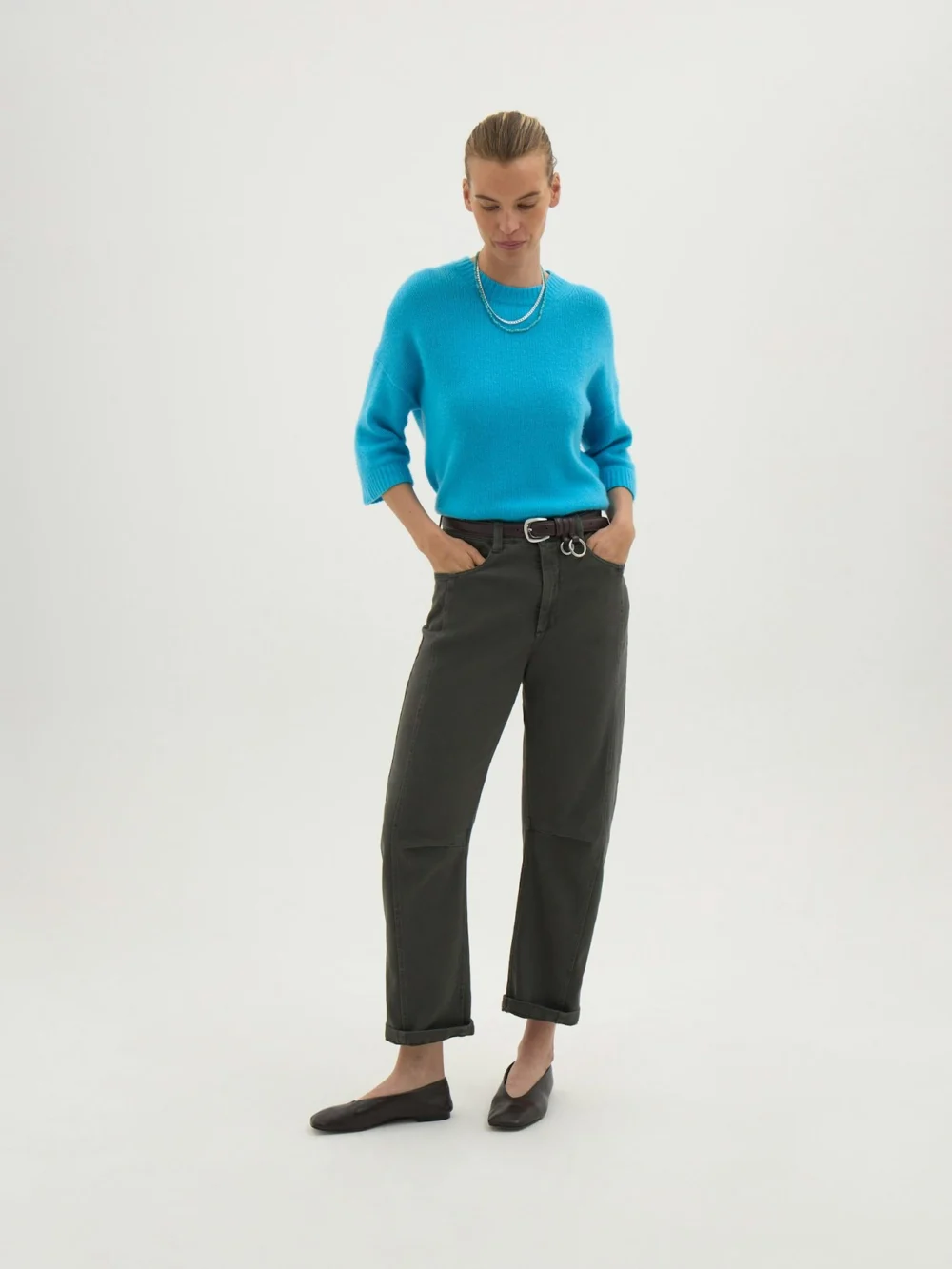 hush Cordi Twill Barrel Leg Trousers in Khaki Green