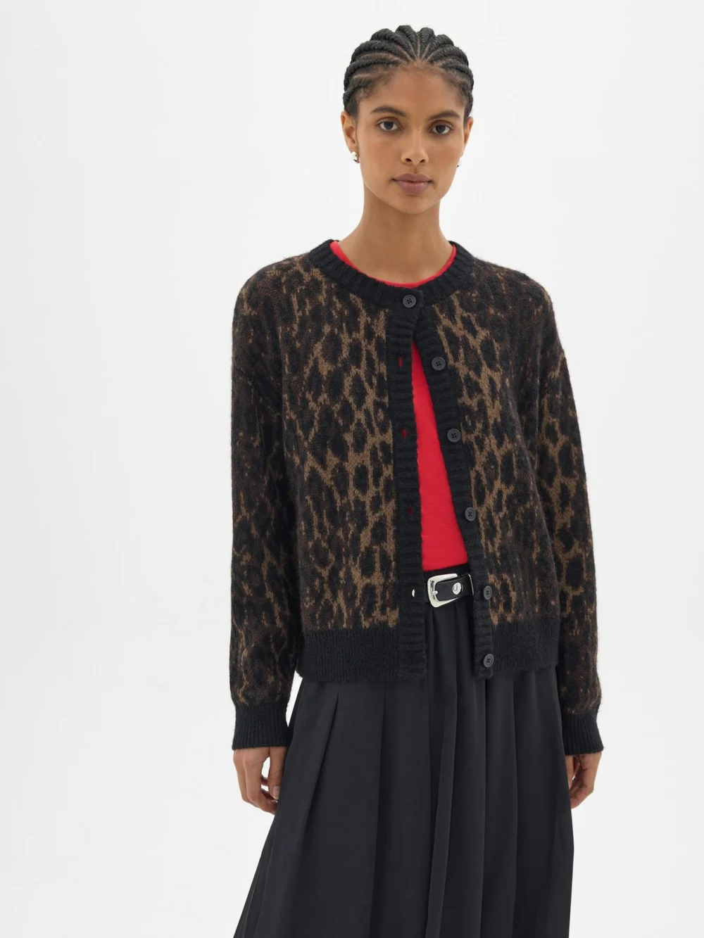 hush Crew Neck Animal Jacquard Cardigan with Mohair in black brown animal