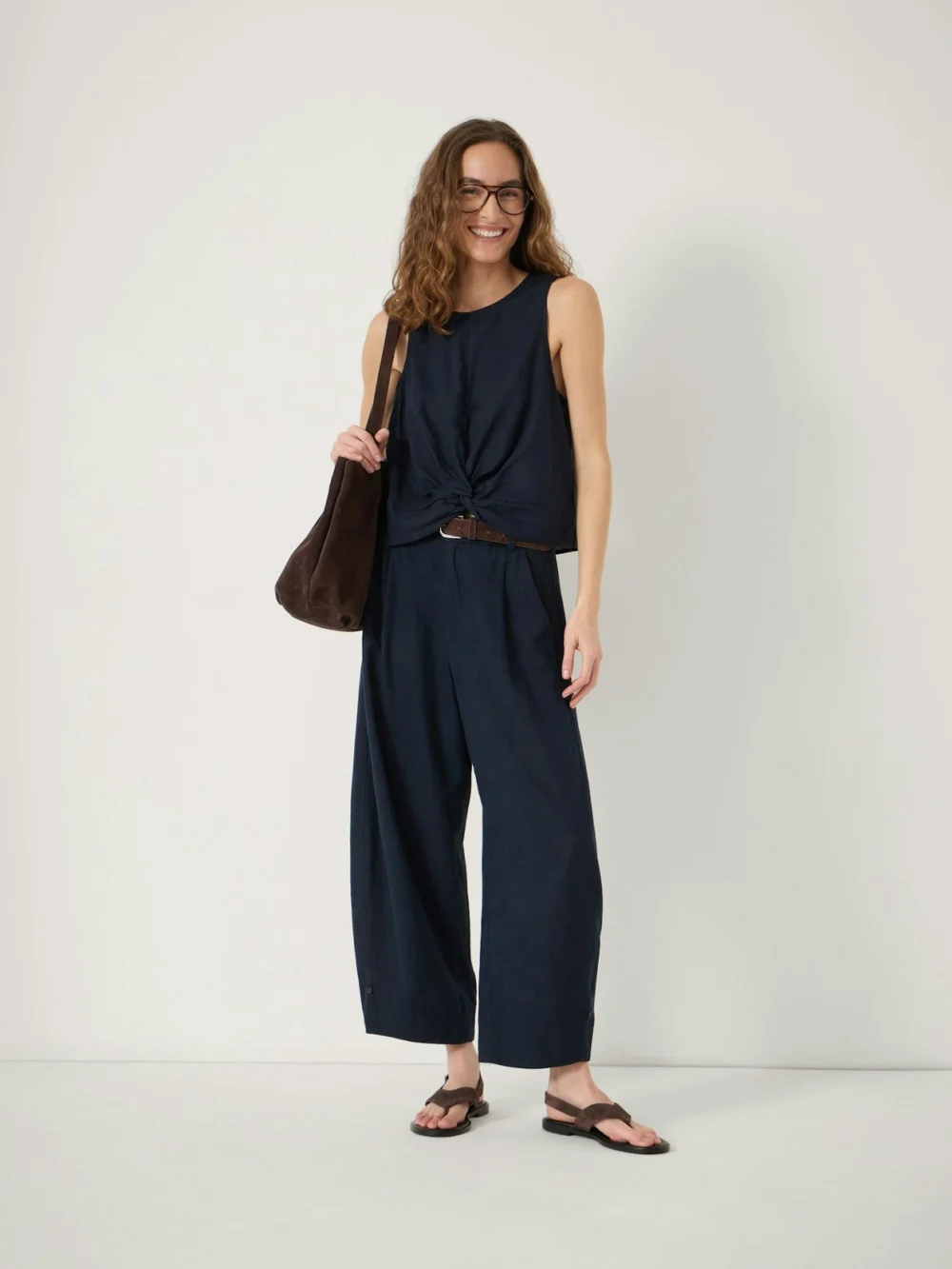 hush Dania Linen Blend Barrel Leg Trousers in Washed Navy