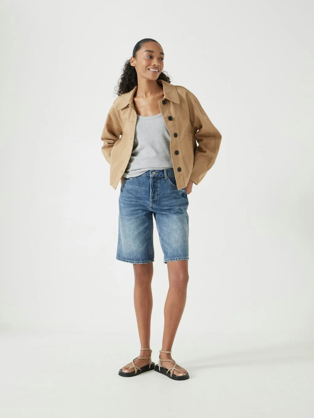 hush Denim Mid-Rise Long Bermuda Shorts in light blue authentic