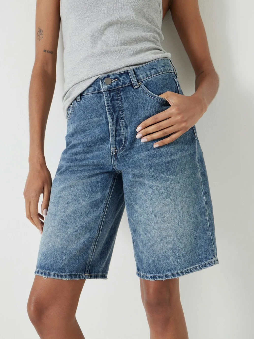 hush Denim Mid-Rise Long Bermuda Shorts, view 2