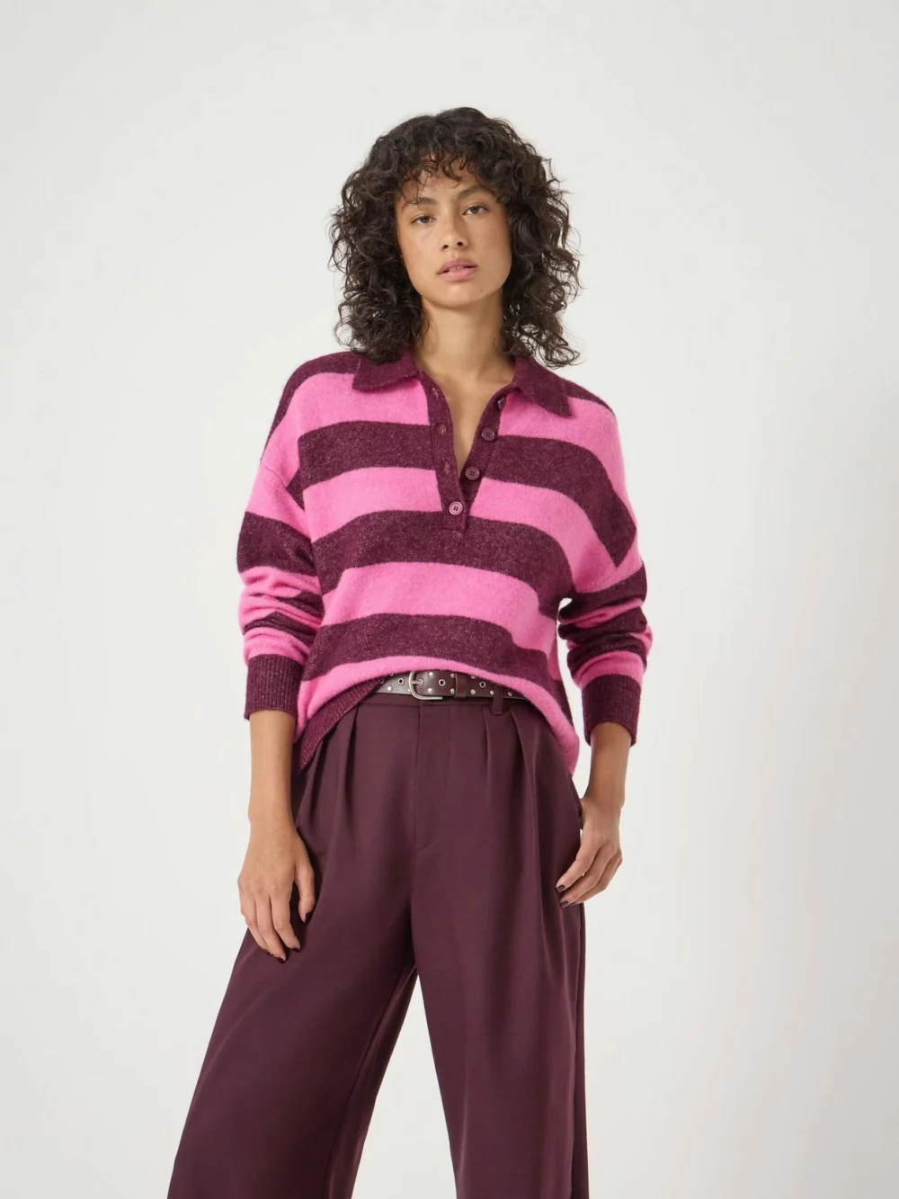 hush Drew Wool Blend Relaxed Rugby Jumper in Burgundy Purple