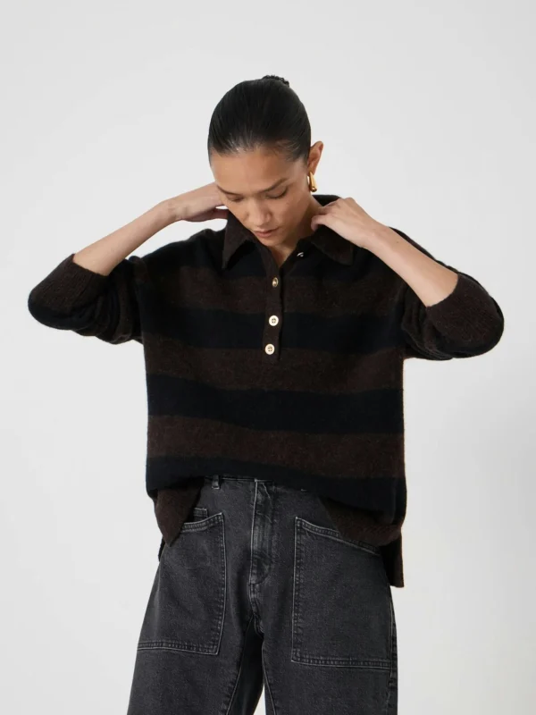 hush Drew Wool Blend Relaxed Rugby Jumper in Dark Brown