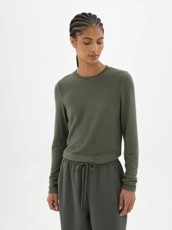 hush Elarae Supersoft Crew Neck Long Sleeve Top in Khaki Green