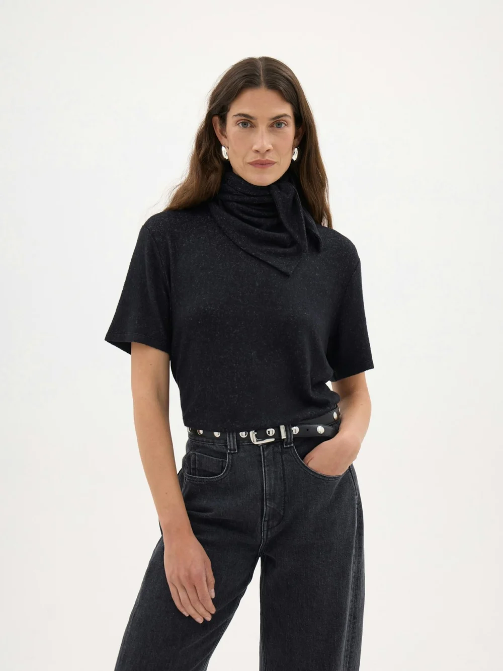 hush Elarae Supersoft Crew T-Shirt and Matching Scarf in Charcoal Marl