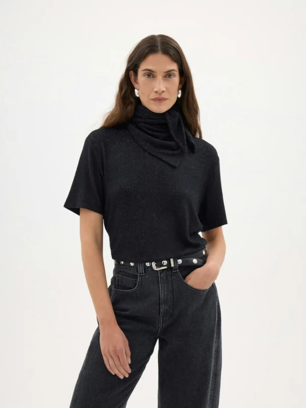 hush Elarae Supersoft Crew T-Shirt and Matching Scarf in Charcoal Marl